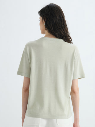 Relaxed crewneck knit tee, matcha green; plain back with short sleeves