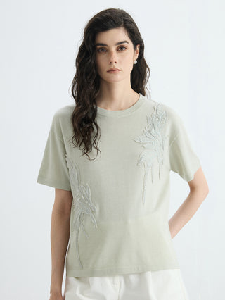 Wool-silk crewneck knit tee in matcha green, relaxed fit with tonal leaf embroidery