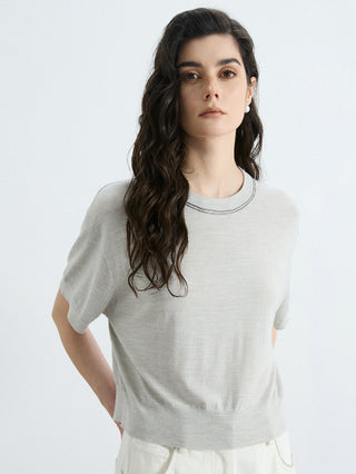 Light gray cropped knit T-shirt, wool-silk blend, relaxed fit, crew neck