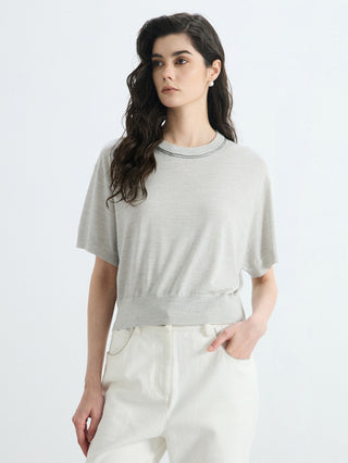 Front view of gray relaxed-fit cropped knit T-shirt, crew neck and ribbed trim