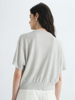 Back view of gray cropped knit T-shirt, relaxed fit with straight hem