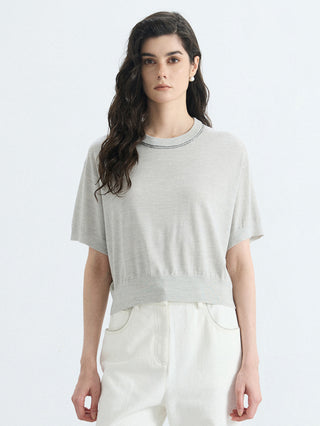 Gray wool-silk blend cropped knit T-shirt, relaxed fit, crew neck with contrast trim