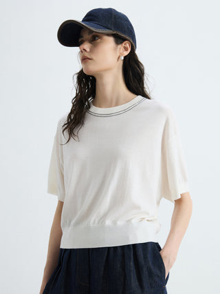 White relaxed-fit cropped knit T-shirt with crew neck and ribbed trim