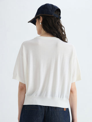 Back view of white cropped knit T-shirt, relaxed fit with straight hem
