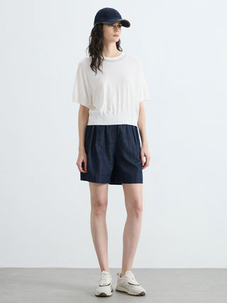 Full view of white wool-silk blend cropped knit T-shirt, relaxed fit, crew neck