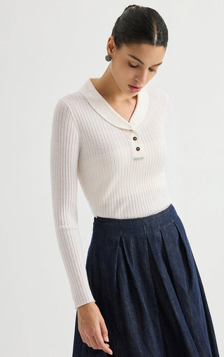 White ribbed polo sweater, long sleeves with cuffs, button placket at V-neck collar