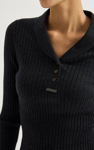 Dark gray ribbed polo sweater close-up, V-neck collar and button placket details
