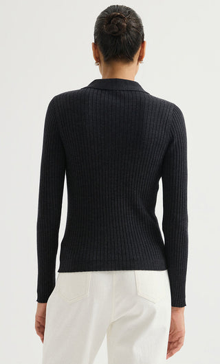 Dark gray ribbed polo sweater back view, long sleeves with knit texture