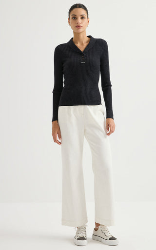 Graphite grey ribbed wool polo sweater with button placket and long sleeves