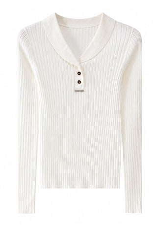 White ribbed wool polo sweater with collar and short button placket