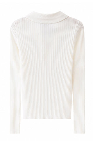 White ribbed wool polo sweater, back view with long sleeves