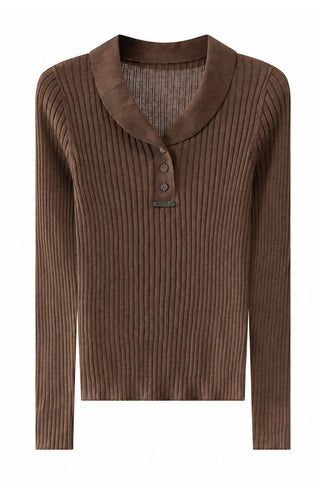 Brown ribbed wool polo sweater with collar and button placket