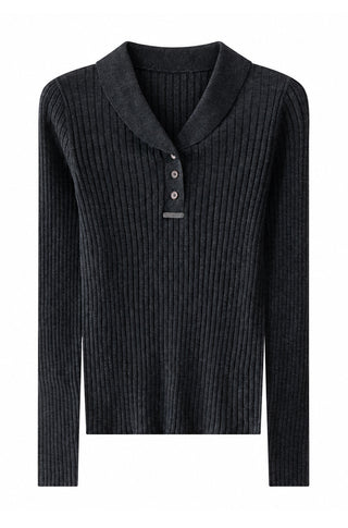 Ribbed polo sweater in dark gray, long sleeves, button placket and V-neck collar