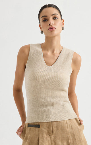 Khaki cashmere V-neck ribbed sleeveless knit top, front view