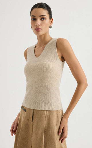 Khaki cashmere V-neck ribbed sleeveless knit top, close front