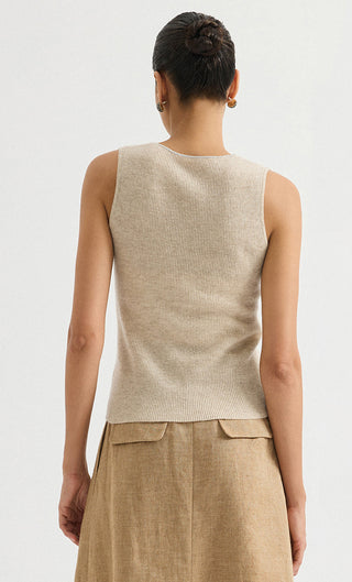 Khaki cashmere V-neck ribbed sleeveless knit top, back view