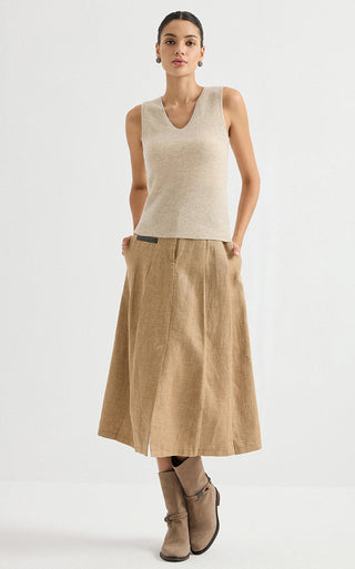 Khaki cashmere V-neck ribbed sleeveless knit top, front view