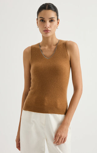Brown cashmere V-neck ribbed sleeveless knit top, front view