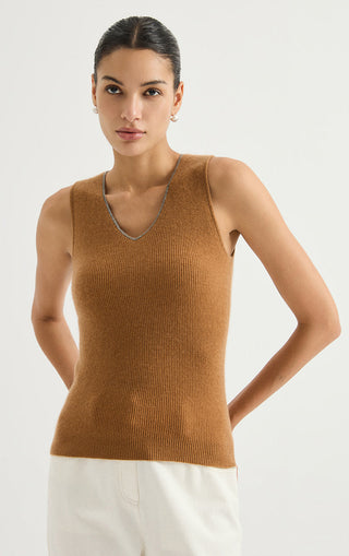 Brown cashmere V-neck ribbed sleeveless knit top, front view
