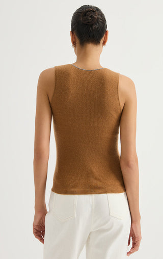 Brown cashmere V-neck ribbed sleeveless knit top, back view