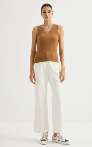 Brown cashmere V-neck ribbed sleeveless knit top, front view