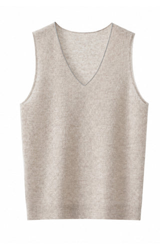 Cashmere V-neck ribbed sleeveless knit top, light beige