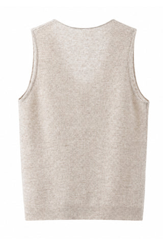 Cashmere V-neck ribbed sleeveless knit top, heather beige