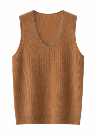 Cashmere V-neck ribbed sleeveless knit top, brown