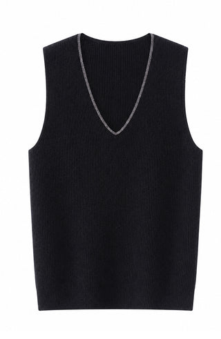 Cashmere V-neck ribbed sleeveless knit top, black