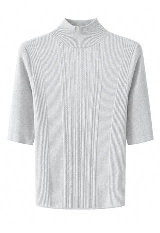 Light grey ribbed knit mock-neck sweater with short sleeves and ribbed texture