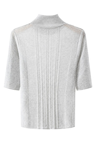 Light grey ribbed knit mock-neck sweater with short sleeves and straight fit