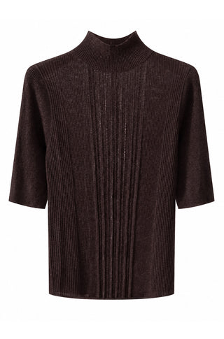 Dark brown ribbed knit mock-neck sweater with short sleeves, vertical rib detail