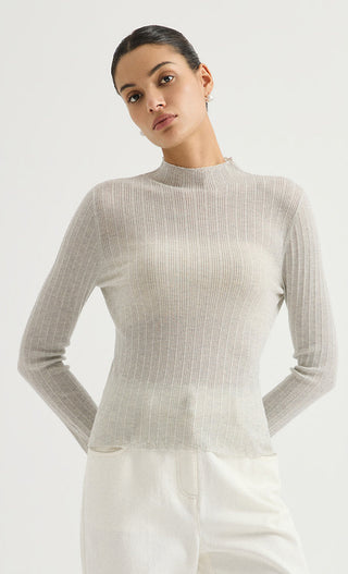 Light gray ribbed knit turtleneck sweater, long sleeves and subtle textured pattern