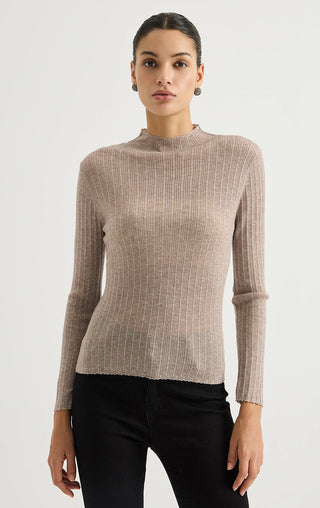 Light gray ribbed knit turtleneck sweater, long sleeves with fitted silhouette