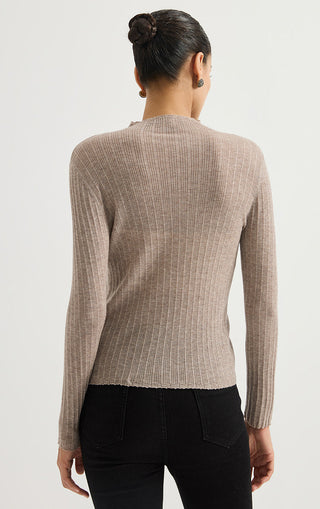 Light gray ribbed knit turtleneck sweater back view, long sleeves
