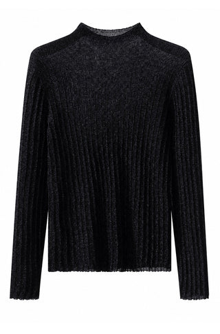 Ribbed mock-neck fine wool sweater, black, long sleeves