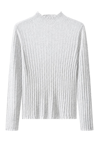 Ribbed mock-neck fine wool sweater, light gray, long sleeves