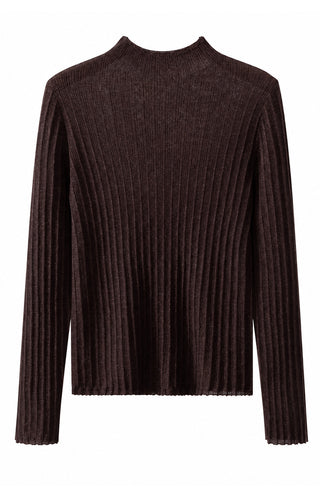 Ribbed mock-neck fine wool sweater, brown, long sleeves
