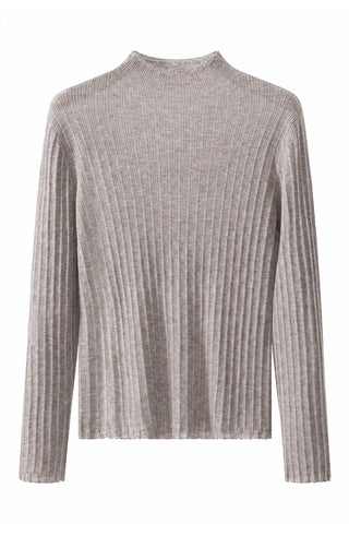 Ribbed mock-neck fine wool sweater, taupe-gray, long sleeves