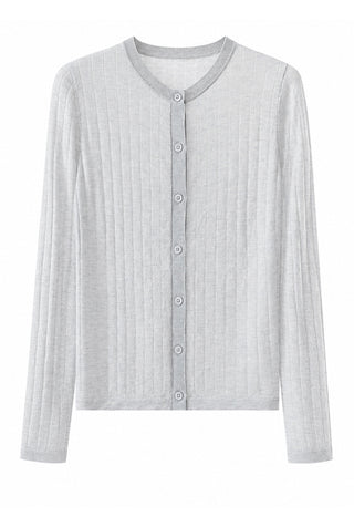 Wool-blend ribbed crew-neck cardigan, light gray with button front and long sleeves