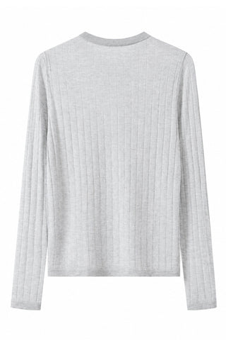 Wool-blend ribbed crew-neck cardigan, light gray back view with long sleeves