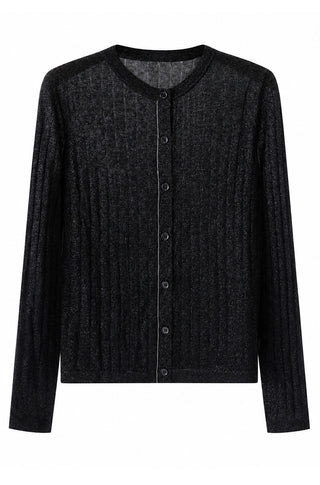 Wool-blend ribbed crew-neck cardigan, black with button front and long sleeves