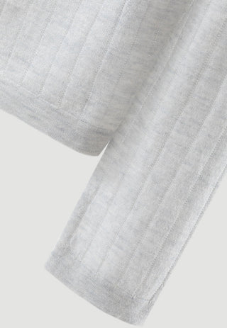 Wool-blend ribbed cardigan sleeve, light gray knit cuff with textured horizontal ribs