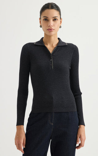 Graphite grey ribbed wool polo sweater with ribbed texture and button collar