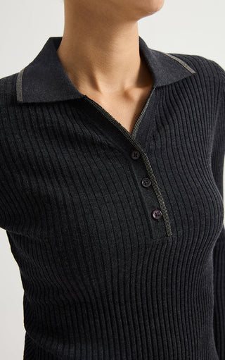 Graphite grey ribbed wool polo sweater close-up of buttoned placket and collar