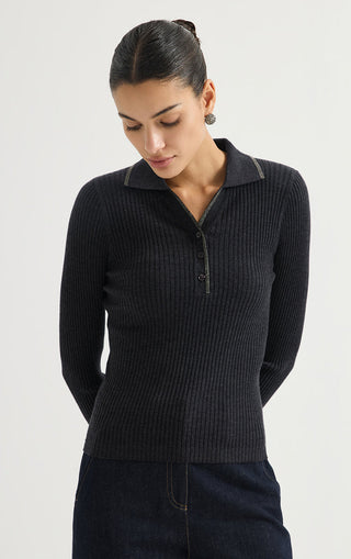 Graphite grey ribbed wool polo sweater with button placket and folded collar