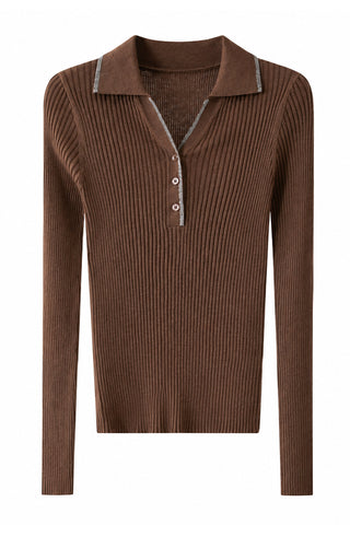 Brown ribbed wool polo sweater with button placket and collared neckline