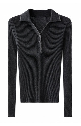 Graphite grey ribbed wool polo sweater with button placket and collar