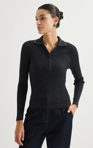 Graphite grey ribbed wool polo sweater with button placket and point collar