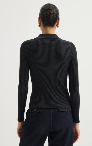 Graphite grey ribbed wool polo sweater, back view with high ribbed collar